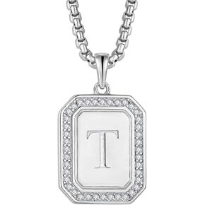 Mens Womens 925 Sterling Silver A-Z Initial Necklace, Cubic Zirconia Dog Tag Pendant Necklace for Men, 24" Rolo Chain Initial Jewelry in Kuwait