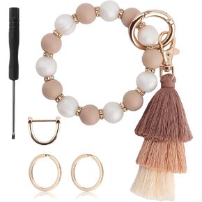 Silicone Beaded Keychain Wristlet, Cute Beaded Key Ring Tassel Wristlet Keychain for Women Men, Elastic Car Key Holder Bracelet with Keyring and D ring for Travel Shopping Gym Use in Kuwait