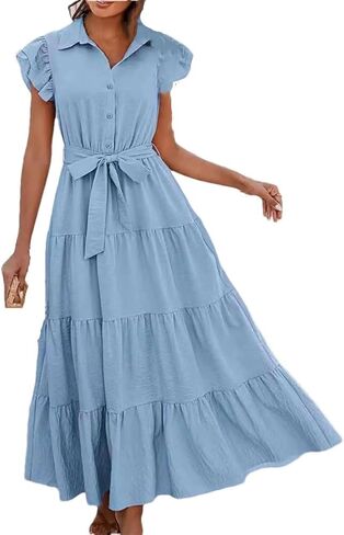 Woman Solid Belt Button Down Shirt Dress Single Breasted Ruffle Sleeves Sundress Shirt Collar Dress Blue XL in Saudi Arabia