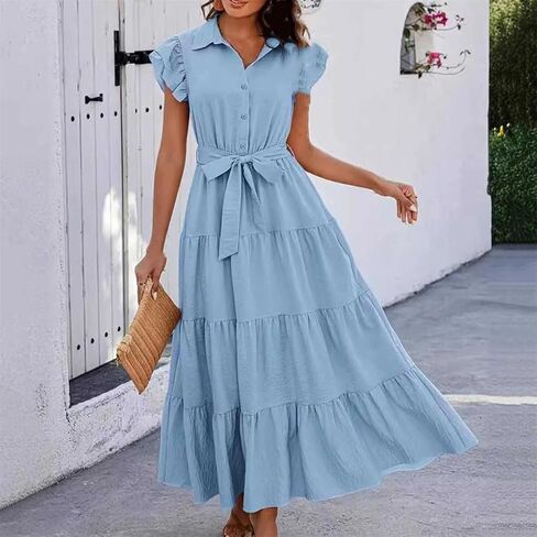 Woman Solid Belt Button Down Shirt Dress Single Breasted Ruffle Sleeves Sundress Shirt Collar Dress Blue XL in Saudi Arabia