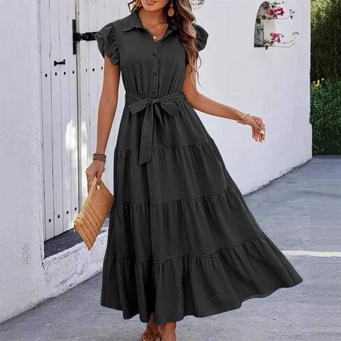 Woman Solid Belt Button Down Shirt Dress Single Breasted Ruffle Sleeves Sundress Shirt Collar Dress Blue XL in Saudi Arabia