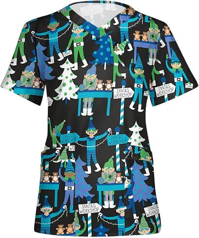 PETYCZEN Womens Christmas Scrub Tops Funny Print V Neck Short Sleeve Shirts Stretch Anti Wrinkle Nursing Uniform with Pockets in Saudi Arabia