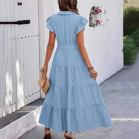 Woman Solid Belt Button Down Shirt Dress Single Breasted Ruffle Sleeves Sundress Shirt Collar Dress Blue XL in Saudi Arabia