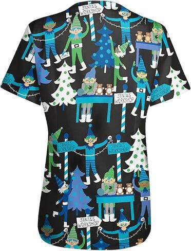 PETYCZEN Womens Christmas Scrub Tops Funny Print V Neck Short Sleeve Shirts Stretch Anti Wrinkle Nursing Uniform with Pockets in Saudi Arabia
