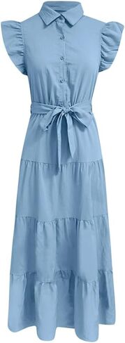 Woman Solid Belt Button Down Shirt Dress Single Breasted Ruffle Sleeves Sundress Shirt Collar Dress Blue XL in Saudi Arabia