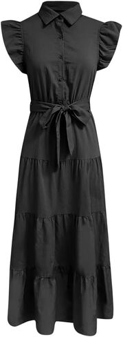 Woman Solid Belt Button Down Shirt Dress Single Breasted Ruffle Sleeves Sundress Shirt Collar Dress Blue XL in Saudi Arabia