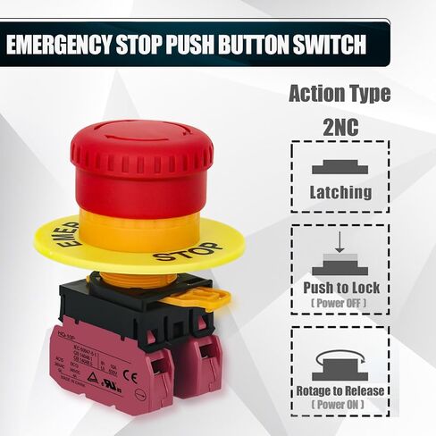 22mm Mushroom Emergency Stop Push Button Switch 10A 600V Latching Safety Replacement UL Listed (1NO 1NC, 1) in Kuwait