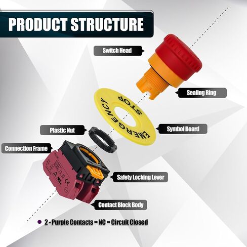 22mm Mushroom Emergency Stop Push Button Switch 10A 600V Latching Safety Replacement UL Listed (1NO 1NC, 1) in Kuwait