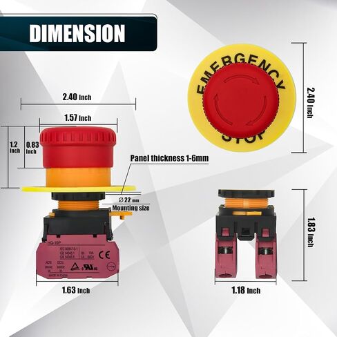 22mm Mushroom Emergency Stop Push Button Switch 10A 600V Latching Safety Replacement UL Listed (1NO 1NC, 1) in Kuwait