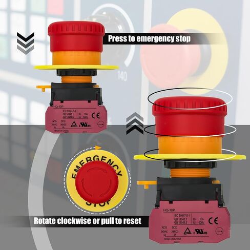 22mm Mushroom Emergency Stop Push Button Switch 10A 600V Latching Safety Replacement UL Listed (1NO 1NC, 1) in Kuwait