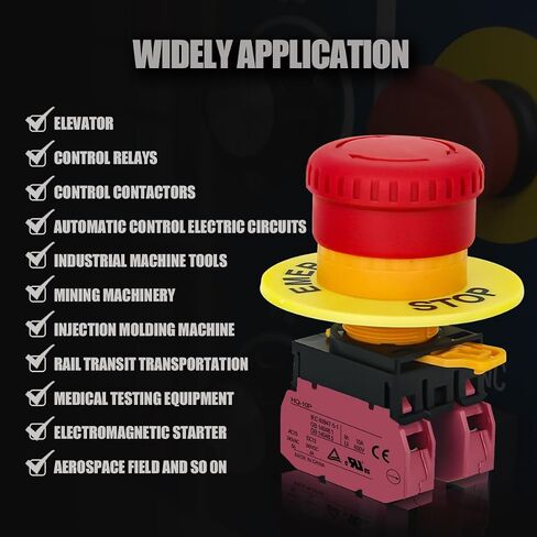 22mm Mushroom Emergency Stop Push Button Switch 10A 600V Latching Safety Replacement UL Listed (1NO 1NC, 1) in Kuwait