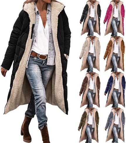 معاطف شتوية طويلة للنساء دافئة كبيرة الحجم من الصوف القابل للعكس سترات منتفخة للأسفل ملابس خارجية مع غطاء للرأس in Kuwait