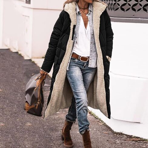 معاطف شتوية طويلة للنساء دافئة كبيرة الحجم من الصوف القابل للعكس سترات منتفخة للأسفل ملابس خارجية مع غطاء للرأس in Kuwait