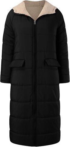 معاطف شتوية طويلة للنساء دافئة كبيرة الحجم من الصوف القابل للعكس سترات منتفخة للأسفل ملابس خارجية مع غطاء للرأس in Kuwait