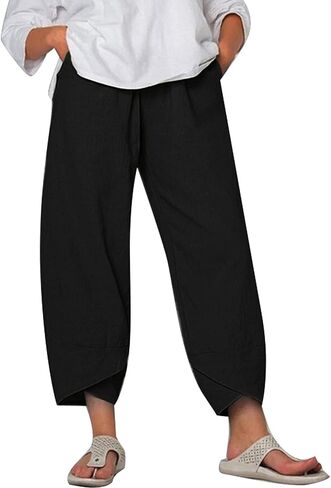 Women Summer Ninth Pants Solid Color Middle Waist Loose Casual Trousers with Pockets in Saudi Arabia