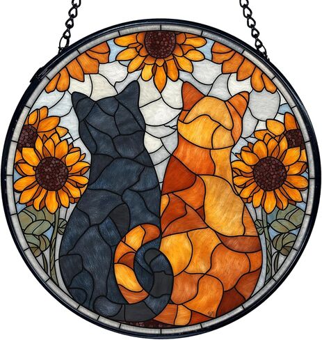 TNUW القط عباد الشمس الزجاج الملون نافذة معلقة، أسود برتقالي القط عباد الشمس Suncatchers زجاج النافذة الداخلية جولة جدار الفن ديكور، Cottagecore الأزهار هريرة الجدار شنقا الزينة، 7.9 × 7.9＂ in Saudi Arabia