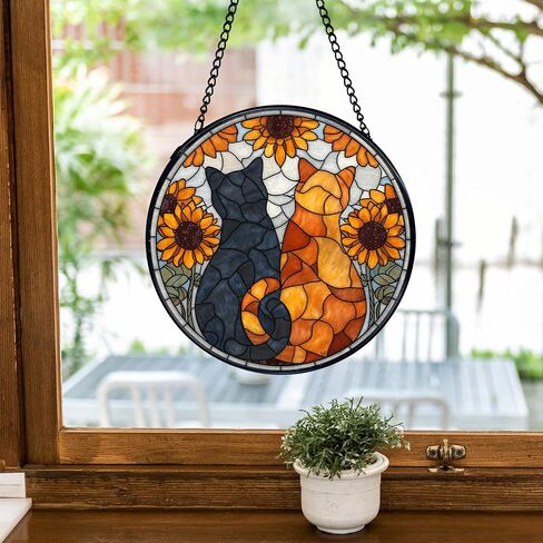 TNUW القط عباد الشمس الزجاج الملون نافذة معلقة، أسود برتقالي القط عباد الشمس Suncatchers زجاج النافذة الداخلية جولة جدار الفن ديكور، Cottagecore الأزهار هريرة الجدار شنقا الزينة، 7.9 × 7.9＂ in Saudi Arabia