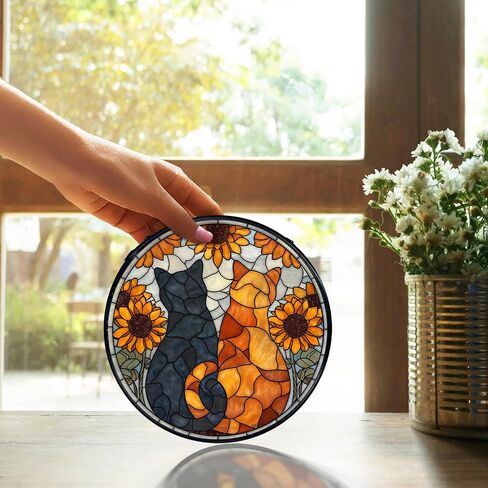 TNUW القط عباد الشمس الزجاج الملون نافذة معلقة، أسود برتقالي القط عباد الشمس Suncatchers زجاج النافذة الداخلية جولة جدار الفن ديكور، Cottagecore الأزهار هريرة الجدار شنقا الزينة، 7.9 × 7.9＂ in Saudi Arabia