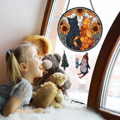 TNUW القط عباد الشمس الزجاج الملون نافذة معلقة، أسود برتقالي القط عباد الشمس Suncatchers زجاج النافذة الداخلية جولة جدار الفن ديكور، Cottagecore الأزهار هريرة الجدار شنقا الزينة، 7.9 × 7.9＂ in Saudi Arabia
