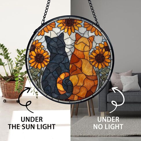 TNUW القط عباد الشمس الزجاج الملون نافذة معلقة، أسود برتقالي القط عباد الشمس Suncatchers زجاج النافذة الداخلية جولة جدار الفن ديكور، Cottagecore الأزهار هريرة الجدار شنقا الزينة، 7.9 × 7.9＂ in Saudi Arabia
