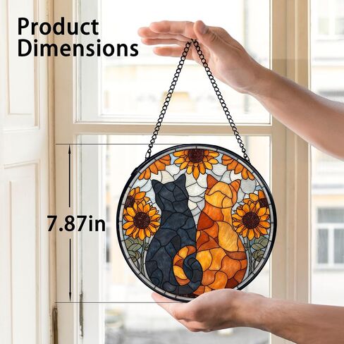 TNUW القط عباد الشمس الزجاج الملون نافذة معلقة، أسود برتقالي القط عباد الشمس Suncatchers زجاج النافذة الداخلية جولة جدار الفن ديكور، Cottagecore الأزهار هريرة الجدار شنقا الزينة، 7.9 × 7.9＂ in Saudi Arabia