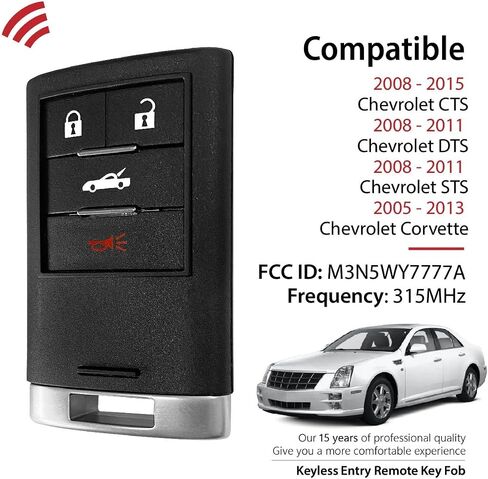 Replacement for 2012 2013 2014 2015 Cadillac CTS DTS STS Chevrolet Corvette Key Fob Remote Control M3N5WY7777A 4 Buttons 315MHz in Saudi Arabia
