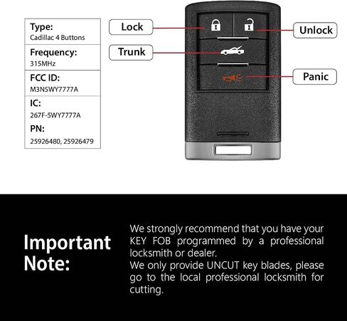 Replacement for 2012 2013 2014 2015 Cadillac CTS DTS STS Chevrolet Corvette Key Fob Remote Control M3N5WY7777A 4 Buttons 315MHz in Saudi Arabia