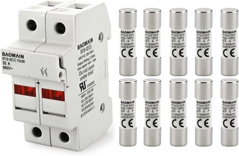 Baomain Cylindrical Fuse Holder RT18-32(X) 10mm X 38mm Fuse Base 2 Poles DIN Rail Mount with 10 PCS of RO15 Fuse (16 Amp) CE Listed in Saudi Arabia