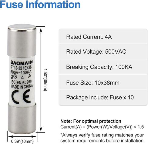 Baomain Cylindrical Fuse Holder RT18-32(X) 10mm X 38mm Fuse Base 2 Poles DIN Rail Mount with 10 PCS of RO15 Fuse (16 Amp) CE Listed in Saudi Arabia
