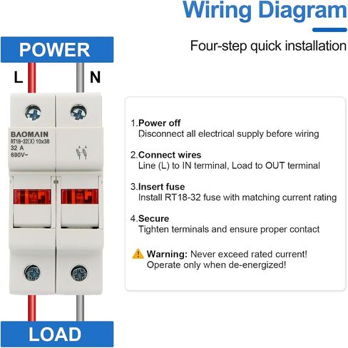 Baomain Cylindrical Fuse Holder RT18-32(X) 10mm X 38mm Fuse Base 2 Poles DIN Rail Mount with 10 PCS of RO15 Fuse (16 Amp) CE Listed in Saudi Arabia