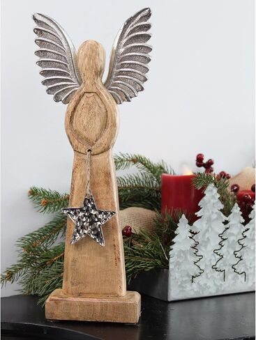 AuldHome Design Wooden Angel Christmas Statue; Farmhouse Holiday Decor Wood and Metal Figurine in Kuwait