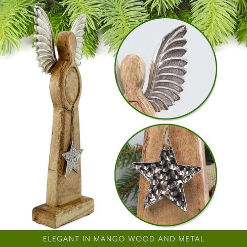 AuldHome Design Wooden Angel Christmas Statue; Farmhouse Holiday Decor Wood and Metal Figurine in Kuwait