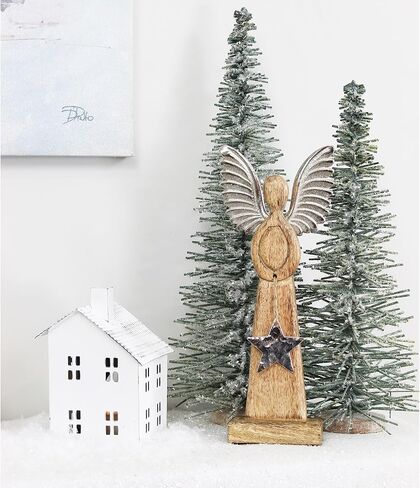 AuldHome Design Wooden Angel Christmas Statue; Farmhouse Holiday Decor Wood and Metal Figurine in Kuwait