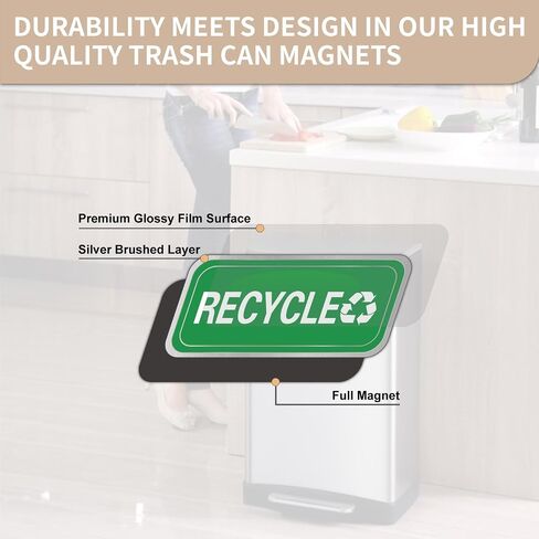 Recycle and Trash Magnets for Kitchen Cans and Recycling Bins,Silver Brushed Trash and Recycle Magnet Combo for Garbage Can Logo Symbol,Outdoor Waste Bin,5.5 Inch (Rectangle) in Saudi Arabia