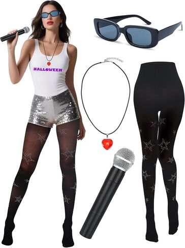 4 Pcs Halloween Pop Singer Costume Accessories for Women Music Singer Concert Outfit Include Punk Rhinestone Stocking Heart Necklace Sunglasses Microphone Prop for Halloween Costume in Saudi Arabia
