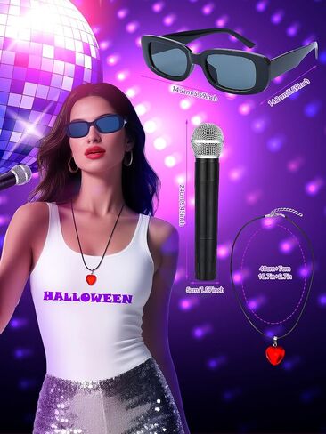 4 Pcs Halloween Pop Singer Costume Accessories for Women Music Singer Concert Outfit Include Punk Rhinestone Stocking Heart Necklace Sunglasses Microphone Prop for Halloween Costume in Saudi Arabia