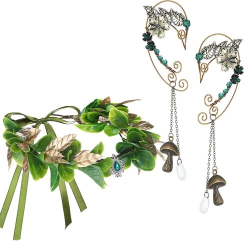 Tondiamo 2 Pcs Fairy Crown Mushroom Elf Ears Cuffs Set Floral Crown Headpiece Vintage Cuffs Drop Halloween Elves Cosplay Set Renaissance Costume Medieval Tiara in Saudi Arabia