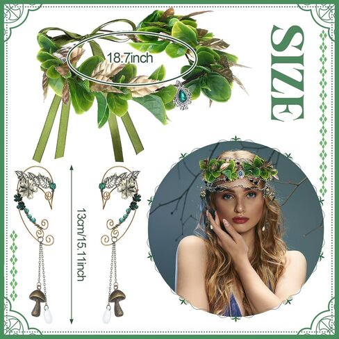 Tondiamo 2 Pcs Fairy Crown Mushroom Elf Ears Cuffs Set Floral Crown Headpiece Vintage Cuffs Drop Halloween Elves Cosplay Set Renaissance Costume Medieval Tiara in Saudi Arabia
