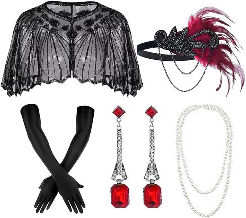 1920s Flapper Accessories Set Women Roaring 20s Accessories Red Feather Headpiece Necklace Earrings Long Gloves in Saudi Arabia