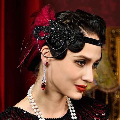 1920s Flapper Accessories Set Women Roaring 20s Accessories Red Feather Headpiece Necklace Earrings Long Gloves in Saudi Arabia
