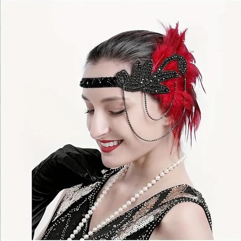 1920s Flapper Accessories Set Women Roaring 20s Accessories Red Feather Headpiece Necklace Earrings Long Gloves in Saudi Arabia