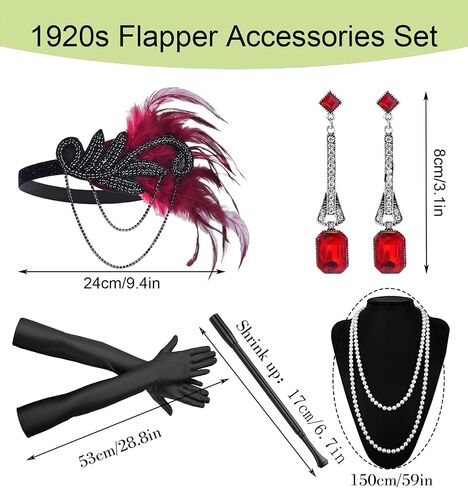 1920s Flapper Accessories Set Women Roaring 20s Accessories Red Feather Headpiece Necklace Earrings Long Gloves in Saudi Arabia