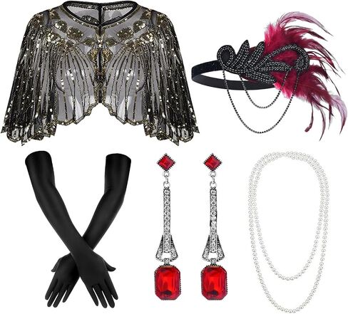 1920s Flapper Accessories Set Women Roaring 20s Accessories Red Feather Headpiece Necklace Earrings Long Gloves in Saudi Arabia