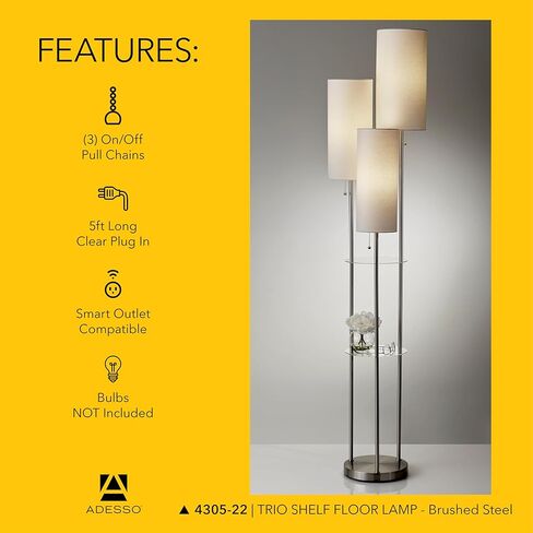 Adesso 4305-01 Trio Shelf Floor Lamp, 68 in., 3 x 40W Type A (Not Included), Black w/Antique Brass Accents, Floor Lamps in Kuwait