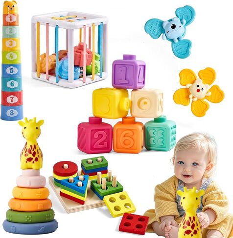 Montessori Baby Toys 6-12 Months, 6 in 1 Toy Set for 1+ Year Old,Birthday Gift for One Year Old Baby Boys Girls,Infant Blocks Sensory Learning Development Playpen Toys for Babies 6-9-12 Months in Saudi Arabia