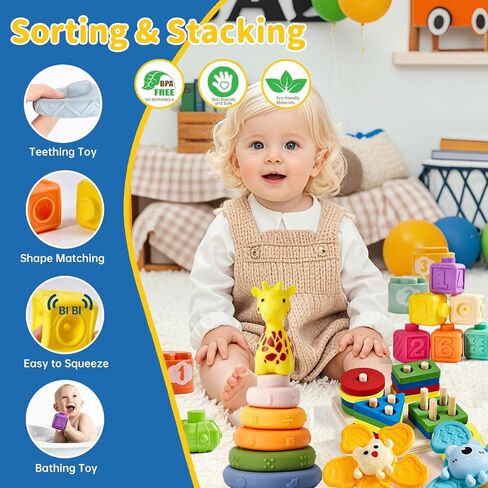 Montessori Baby Toys 6-12 Months, 6 in 1 Toy Set for 1+ Year Old,Birthday Gift for One Year Old Baby Boys Girls,Infant Blocks Sensory Learning Development Playpen Toys for Babies 6-9-12 Months in Saudi Arabia
