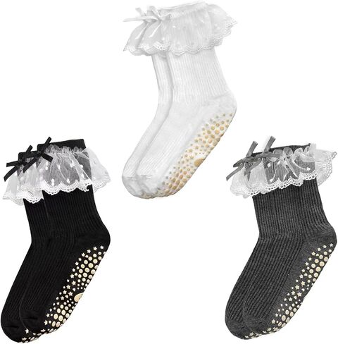 3 Pairs Pilates Grip Socks for Women, Cute Lace Ruffle Yoga Socks Non Slip Barre Frilly Crew Socks in Saudi Arabia