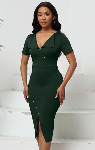 Women's Sexy Bodycon Date Night Mid Dress Stretchy Short Sleeve V Neck Side Button & Slit Cocktail Party Work Dresses in Saudi Arabia