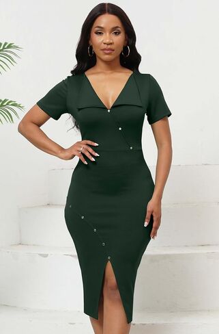 Women's Sexy Bodycon Date Night Mid Dress Stretchy Short Sleeve V Neck Side Button & Slit Cocktail Party Work Dresses in Saudi Arabia