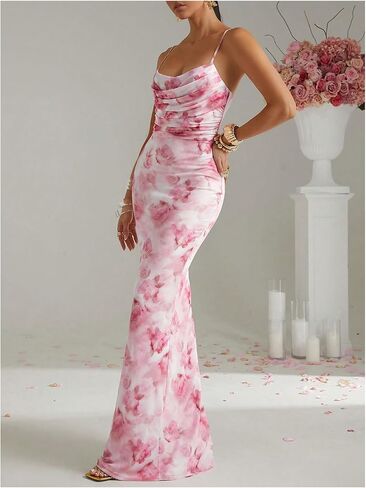 GORGLITTER Women's Floral Bodycon Maxi Dress Sleeveless Cowl Neck Fishtail Long Dresses Cocktail Wedding Guest Dresses in Saudi Arabia
